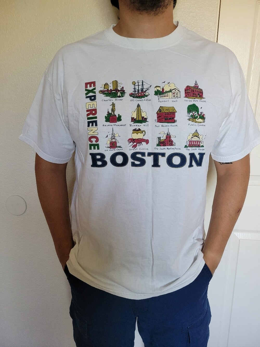 VNT Anvil White 'Experience Boston' Graphic Tee with Multicolor Print